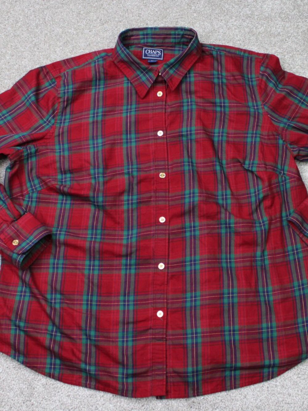 Chaps Classics Shirt Womens 2XL Red/Green Plaid Gold Buttons Cotton Long Sleeve - Picture 2 of 11
